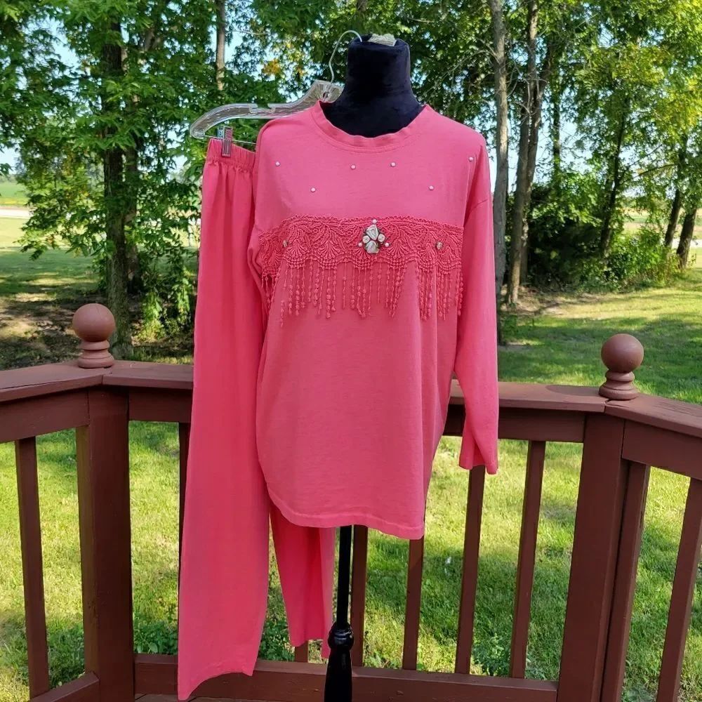 Vintage Cervelle Coral Woman's Causal Short Sleeve Top Pants Outfit sz Large